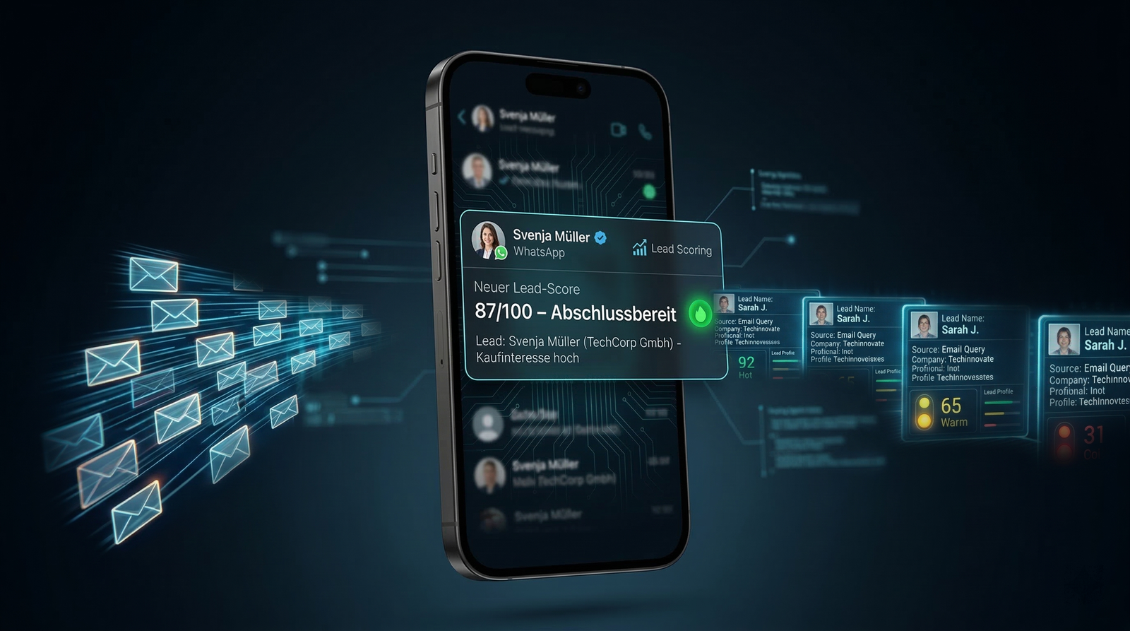 Smartphone mit WhatsApp-Benachrichtigung: KI Lead-Score 87/100 Abschlussbereit