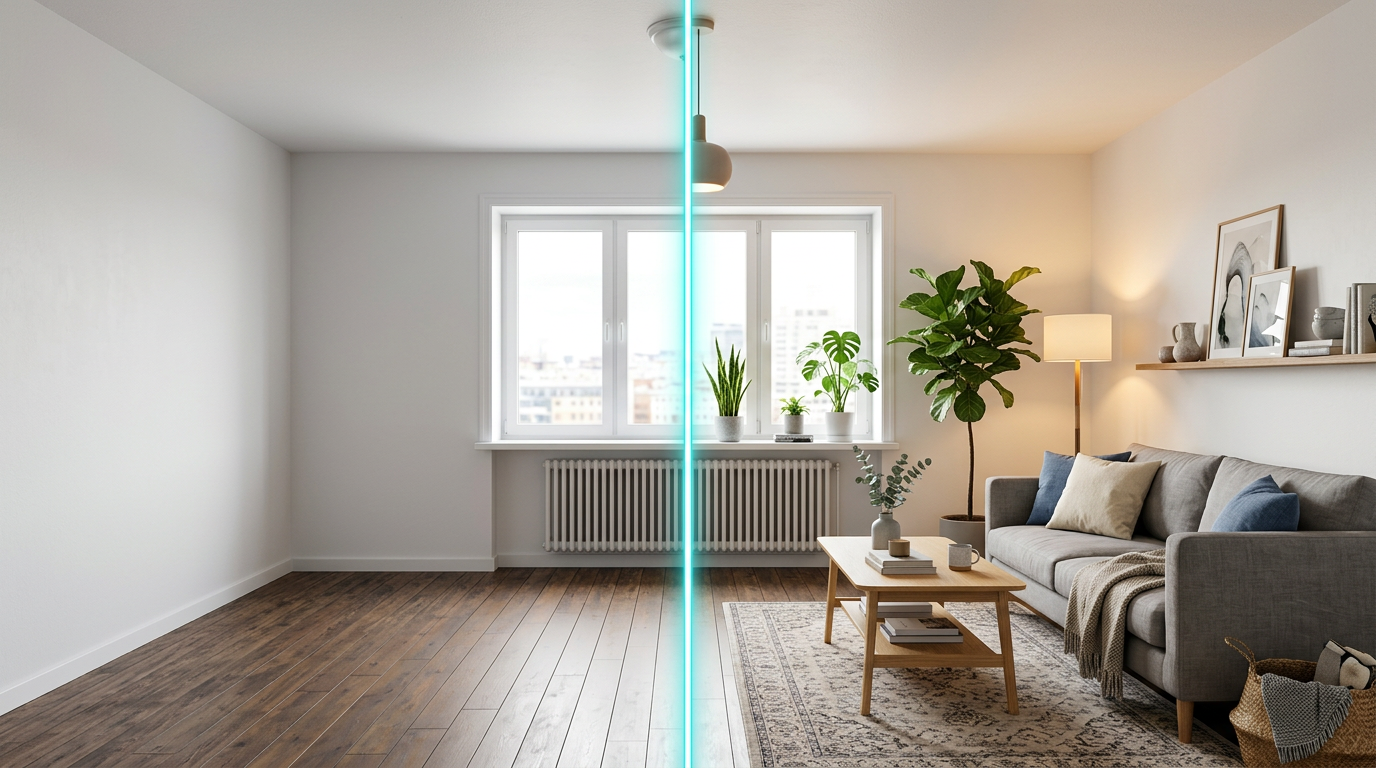 Vorher-Nachher: Leerer Raum vs. KI-eingerichteter Raum